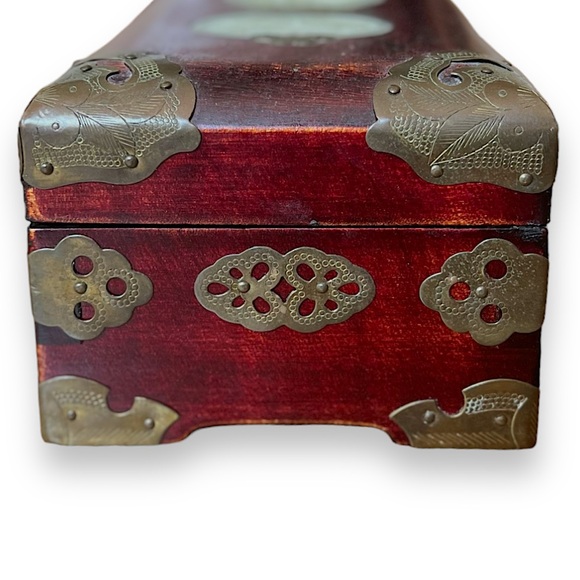 Vintage Chinese Wooden Jewelry Box | Jade + Brass Details | Green Lining | $70 - Picture 7 of 10